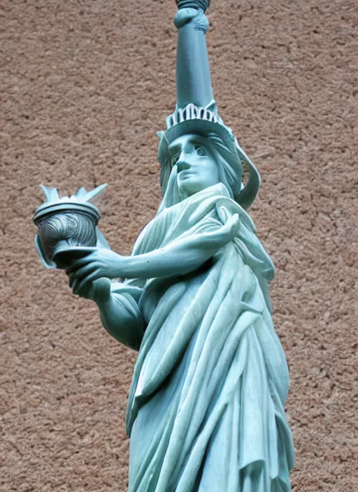 Image similar to A marble statue of a squirrel holding an acorn in the style of Statue of Liberty. museum photo