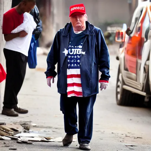 Image similar to donald trump dressed as a homeless man living in the slums