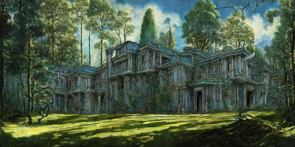 Image similar to hyper realistic mansion in the woods, gorgeous lighting, blue sky, highly detailed, lush forest by zdzisław beksinski and norman rockwell and greg rutkowskiweta studio, and lucasfilm