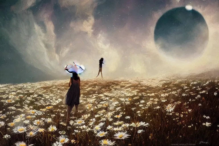 Image similar to giant white daisy flower on head, girl walking on cliff, surreal photography, solar eclipse, milky way, dramatic light, impressionist painting, clouds, digital painting, artstation, james gilleard, liam wong, jeremy mann, simon stalenhag