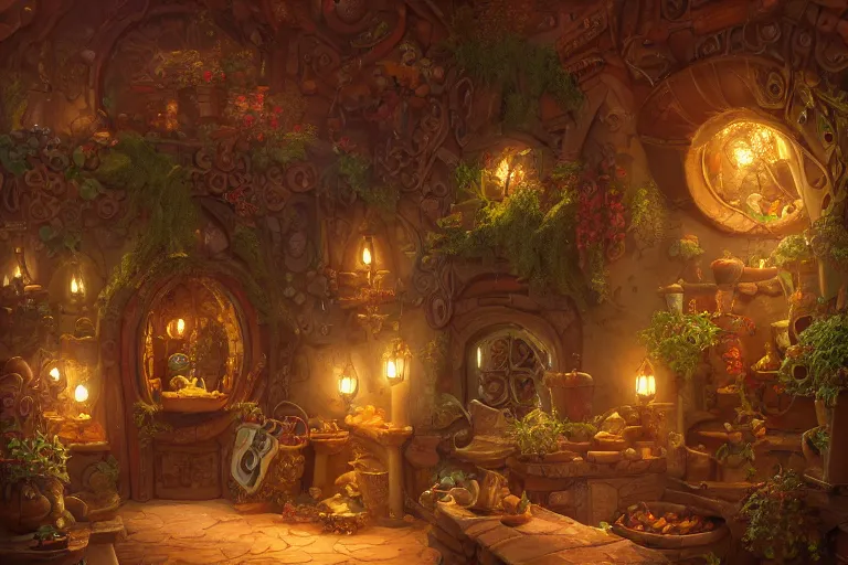 Prompt: An authentic filigree potery store. ArtStation. By Justin Gerard and Pixar