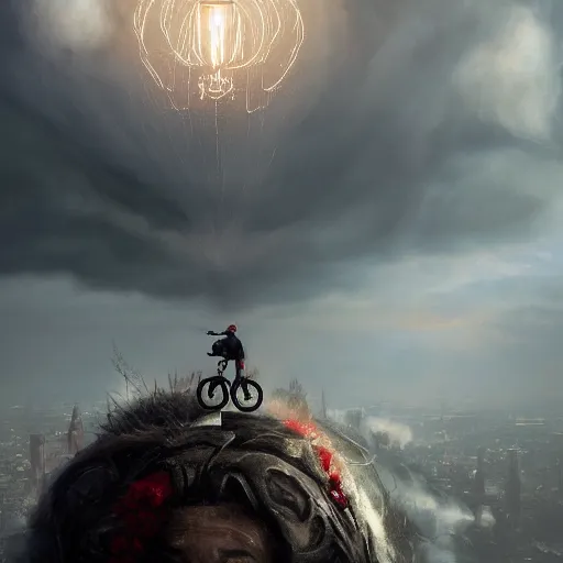 Image similar to A fancy portrait of a happy man flying in the sky on his bicycle in the clouds, perfect expression, Greg Rutkowski, Sung Choi, Mitchell Mohrhauser, Maciej Kuciara, Johnson Ting, Maxim Verehin, Bloodborne, 8k photorealistic, volumetric lighting, HD, high details, dramatic, warm atmosphere, trending on artstation