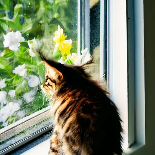 Image similar to medium - shot view from the back of a backlit maine coon kitten gazing out a sunny window on a warm day and watching the flowers. 3 5 mm, f / 1 1. 0, is 1 0 0
