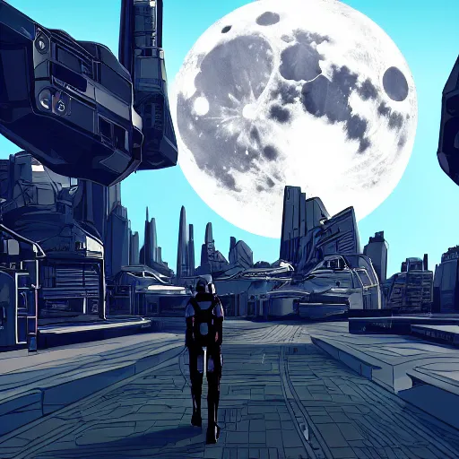 Image similar to point perspective, scifi city in the future, full moon, cyborg in the foreground