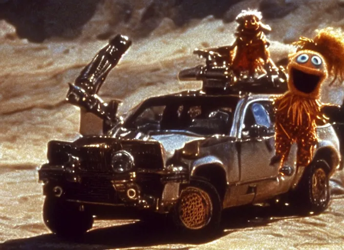 Image similar to scene from the 1981 science fiction film Muppet Mad Max 2