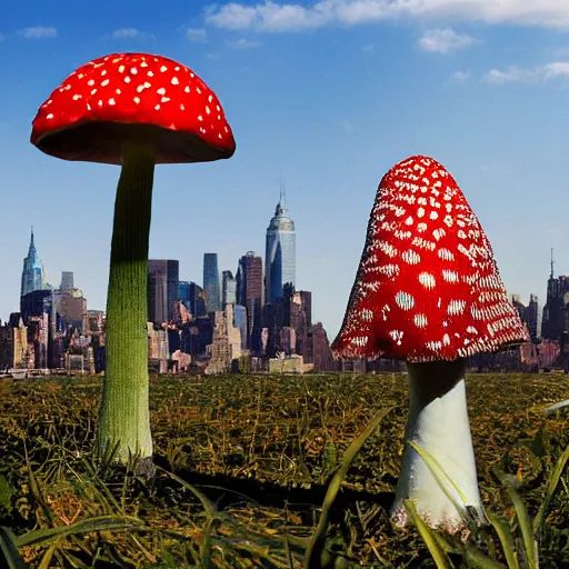 Image similar to a giant amanita muscaria in the mew York skyline, photorealistic