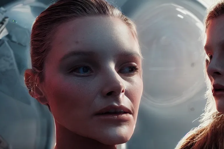 Image similar to VFX movie of a futuristic space woman model gorgeous portrait in inhuman future spaceship, beautiful natural skin natural lighting by Emmanuel Lubezki