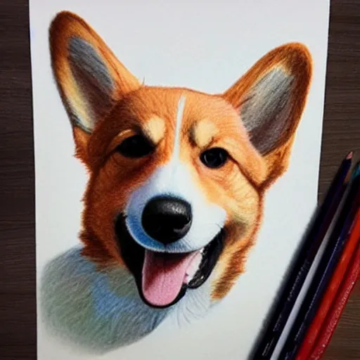 Prompt: color pencil drawing of a corgi