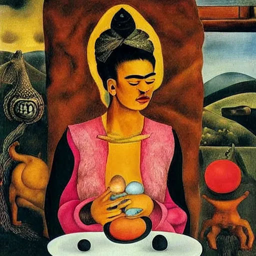 Prompt: Pensive Wizard Examining Eggs, by Frida Kahlo.