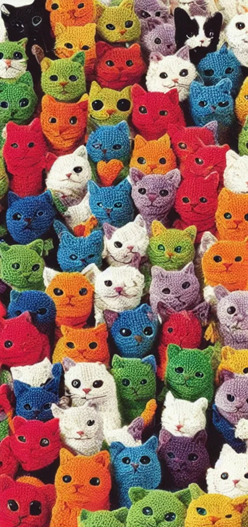 Image similar to multicolored crocheted cats, 1 9 7 0 s catalogue photo,