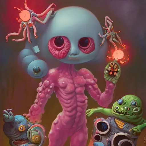 Image similar to Lofi horror, a baby monster with six arms, six arms, monster,chalk, Pixar style, Tristan Eaton, Stanley Artgerm, Tom Bagshaw, Basil Gogos