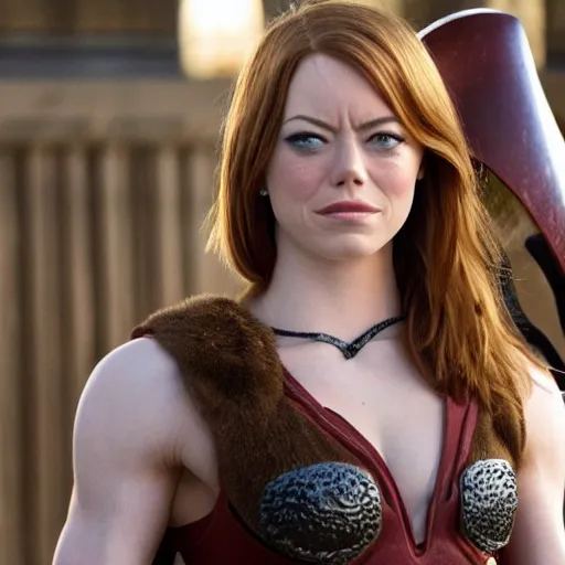 Image similar to first photos of 2 0 2 4 female 3 0 0 remake - muscular emma stone as leonidas, put on 1 0 0 pounds of muscle, looks different, steroids, hgh, ( eos 5 ds r, iso 1 0 0, f / 8, 1 / 1 2 5, 8 4 mm, postprocessed, crisp face, facial features )