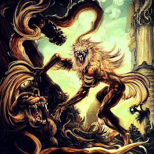 Prompt: A epic and beautiful rococo painting of a Werewolf using a burning laboratory. Castlevania style.