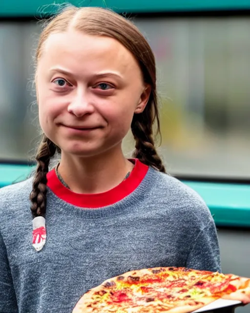 Image similar to film still close - up shot of greta thunberg giving a speech in a train station eating pizza, smiling, the sun is shining. photographic, photography