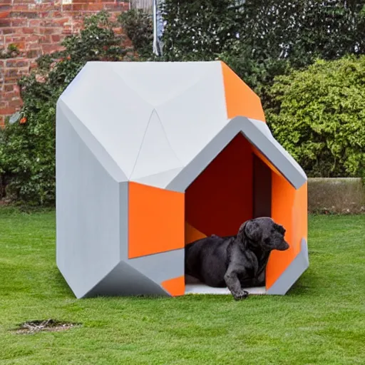 Prompt: a doghouse with the shape of a dog with grey and orange accents designed by antony gormley, advertising photography