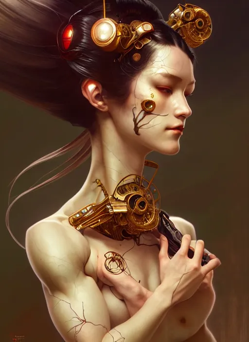 Image similar to organic cyborg, geisha, diffuse lighting, fantasy, intricate, elegant, highly detailed, lifelike, photorealistic, digital painting, artstation, illustration, concept art, smooth, sharp focus, art by John Collier and Albert Aublet and Krenz Cushart and Artem Demura and Alphonse Mucha