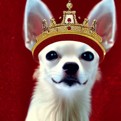 Prompt: white chihuahua king wearing a red and gold crown cinematic composition, digital art, cute