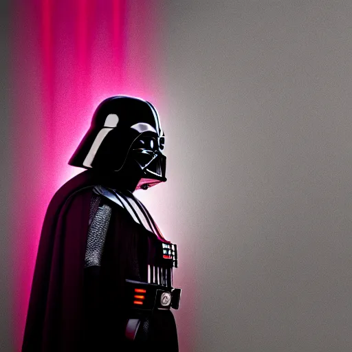 Prompt: darth vader in pink outfit, photoreal, still frame, cinematic