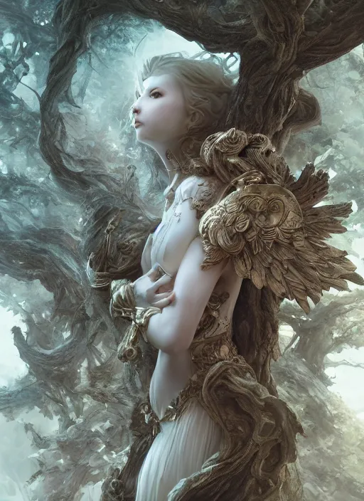 Image similar to high intricate porcelain baroque angelic warrior standing inside an ancient forest, maria panfilova, andrea savchenko, mike kime, ludovic plouffe, qi sheng luo, oliver cook, trending on artstation