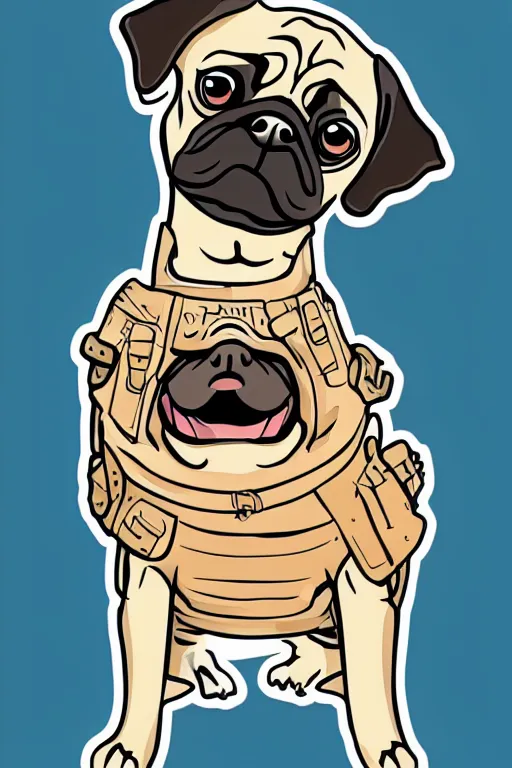 Prompt: Pug as war criminal, sticker, colorful, illustration, highly detailed, simple, smooth and clean vector curves, no jagged lines, vector art, smooth