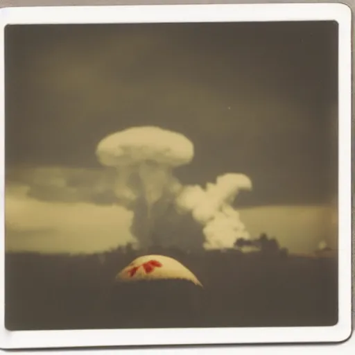 Image similar to A polaroid photo of a cat watching a mushroom cloud in the distance