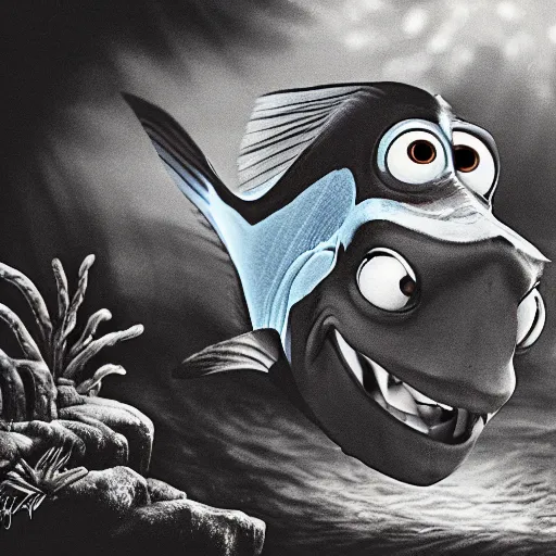 Image similar to evil dory chasing nemo through dark waters, creepy, dark, atmospheric, detailed, photorealistic