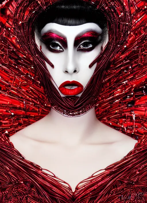 Image similar to a close up portrait of a woman with dark eye - shadow and red lips with dark slicked back hair, a mask made of wire and beads, dreaming acid - fueled hallucinations, psychedelic by serge lutens, rolf armstrong, delphin enjolras, peter elson, red cloth background, frilled blooming collar