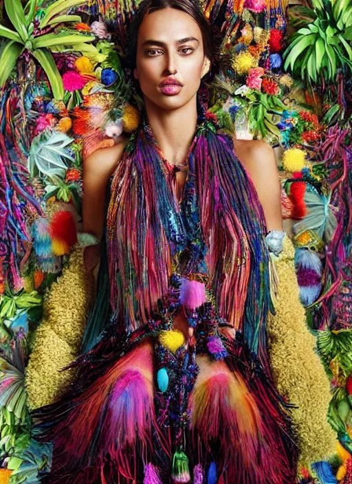 Image similar to beautiful portrait of Irina Shayk wearing fantastic Hand-dyed cotton dress, embellished beaded feather decorative fringe knots ,colorful pigtail,subtropical flowers and plants,summer,dramatic lighting,symmetrical face,intricate,elegant,highly detailed,8k,post-processing,digital painting,trending on pinterest, GUCCI,PRADA,concept art, sharp focus, illustration, by artgerm,Tom Bagshaw,Lawrence Alma-Tadema,greg rutkowski,alphonse Mucha