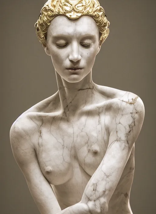 Image similar to a statue made of white marble with gold veins, of an beautiful gorgeous angel girl, full body shot, perfect symmetrical body, perfect symmetrical face, no eyes, hyper realistic, hyper detailed, fujicolor superia 1 6 0 0 photo, by johannen voss, by peter kemp, by monia merlo, by michelangelo octane render, blender, 8 k