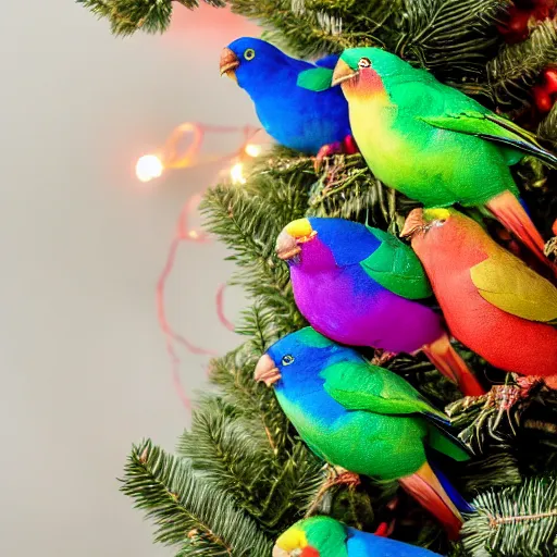 Image similar to rainbow lorakeets in a christmas tree, sparkling light, christmas lights, vaseline lens, sacred golden light, nostalgia