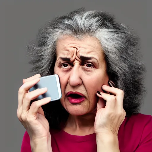 Prompt: astonished middle aged lady looking at smartphone angrily, wild hair, greek ethnicity, straight grey hair, angry eyes,