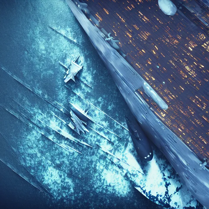 Prompt: a little bird's flight over an enormous gigantic steel ship - shaped fortress - city sailing across an icy cold ocean. masterpiece, cinematic, hyperdetailed, photorealistic, hyperrealism, octane rendering, depth of field, bokeh, architecture, shadows, aerial view