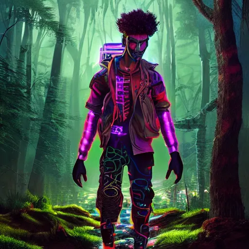 Prompt: a stunning rendition of a young mixed race male cyberpunk explorer who is traversing a fantastical forest at nighttime, very intricate, hyper realistic, octane render, very colourful, vibrant, cinematic, amazing details, in the style of max prentis and deathburger