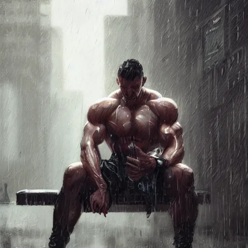 Image similar to a highly detailed portrait of a muscular man sitting on a bench in the rain, digital art, retrowave, cyberpunk, artstation, pixiv, by wlop, greg rutkowski