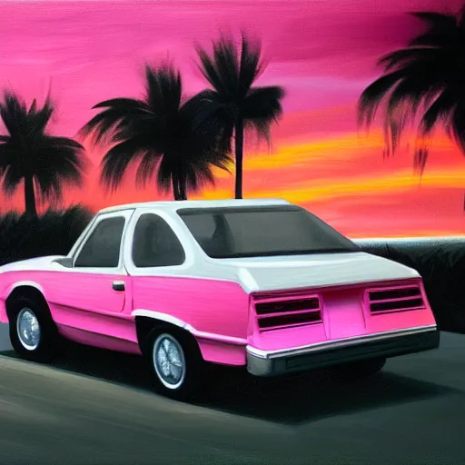 Image similar to an old white 1 9 8 0 s car parked off the road, sunset, ocean in distance, pink, oil painting, pale colors, high detail, 8 k, wide angle, trending on artstation,