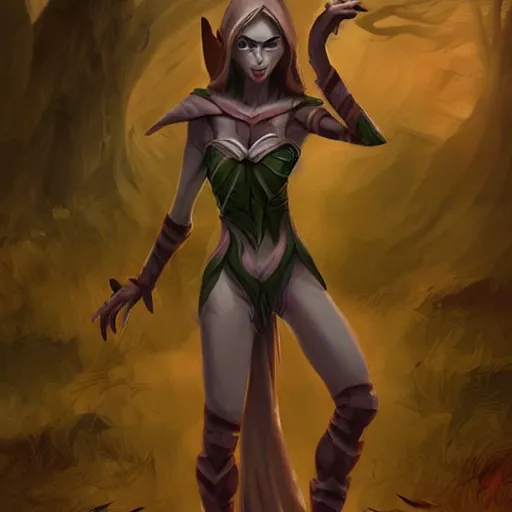 Image similar to female elf, tree person, dynamic pose, elongated legs, long fingers, talons, terrifying, dark, fog, artstation