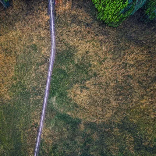 Prompt: drone fottage of an old abandoned road