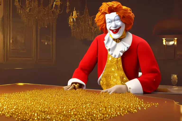 Image similar to a still of ronald mcdonald surrounded by gold and diamonds, award - winning, photograph, 3 d render, unreal engine, 4 k detailed