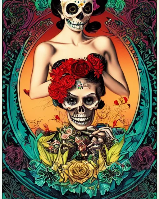 Prompt: a beautiful fancy skull lady by dan mumford and gil elvgren, folklorico