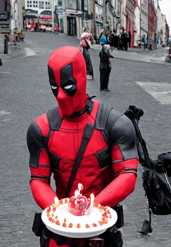 Prompt: still film, deadpool holding a birthday cake with a candle in the middle, on a street in bergen norway, with a sea in the background, high resolution,