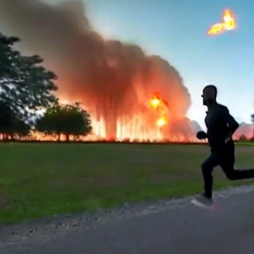 Image similar to cctv footage of a man running across a field, in the background is a large explosion, highly detailed, very realistic.