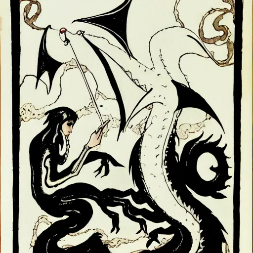 Prompt: the dragon lord of dreams watercolour painting by Aubrey Beardsley