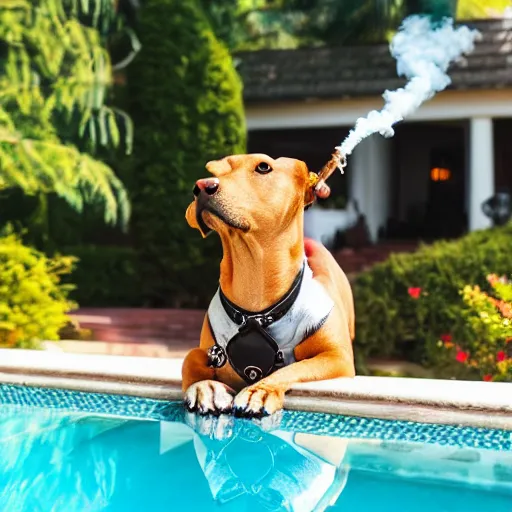 Image similar to a very detailed photo of a dog smoking a cigar outside the mansion by the pool