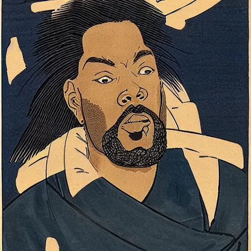 Image similar to Method Man rapping, portrait, style of ancient text, hokusai