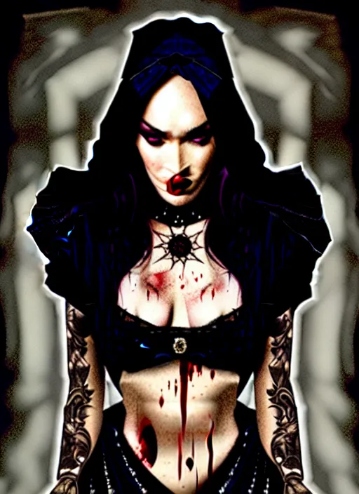 Image similar to megan fox witch queen, black eyes, blood, full body, intricate victorian dress, middle shot, cinematic lighting, studio quality, symmetrical eyes, caravaggio, artgerm, joshua middleton, rafael albuquerque, moody lighting, candles