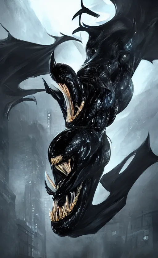 Image similar to venom as batman, dynamic lighting, photorealistic fantasy concept art, trending on art station, stunning visuals, terrifying, creative, cinematic