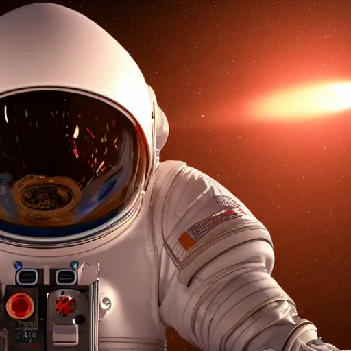 Image similar to STEVEN SEGAL ASTRONAUT MOVIE SCREENSHOT 8K RAY TRACING, SOLARIZATION, BLOOM FX, AMBIENT OCCLUSION EXAGGERATED OCTANE AND REDSHIFT RENDER