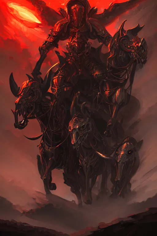 Image similar to a painting of the four horseman of the apocalypse, grim - lighting, high - contrast, intricate, elegant, highly detailed, digital painting, artstation, concept art, smooth, sharp focus, illustration