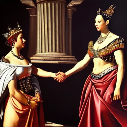 Image similar to hyper realistic oil painting of photo of queen elizabeth ii meeting queen cleopatra in egypt, in the style of caravaggio