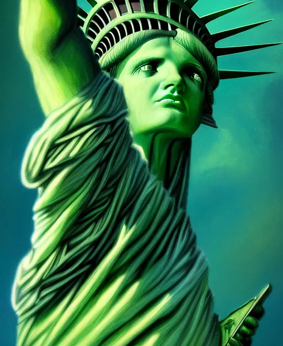 Prompt: broken statue of liberty, perfect face, symmetrical eyes, green skin, cinematic, stunning, elegant, highly detailed, psychedelic, digital painting, artstation, smooth, hard focus, illustration, art by jessica rossier and and brian froud